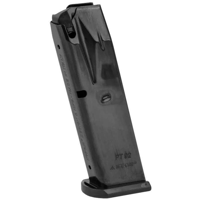 Mec-Gar Taurus PT92 10-round 9mm magazine in black, front view showing feed lips and PT92 markings
