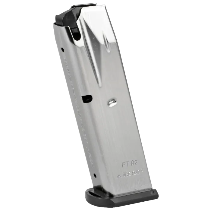 Mec-Gar Taurus PT92 10-round nickel 9mm magazine front view, PT92 stamped, corrosion-resistant finish