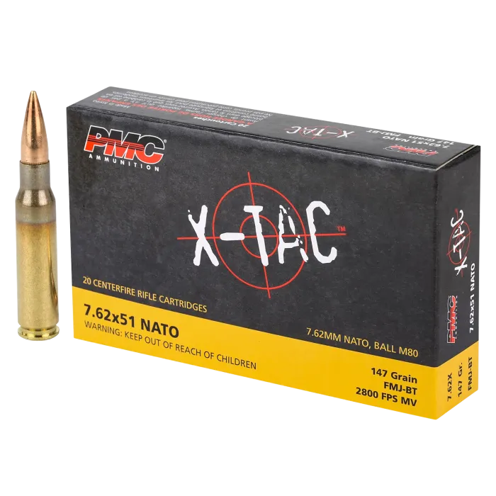 PMC X-TAC 7.62x51 NATO 147gr FMJ M80 box with single cartridge displayed at angle on white background