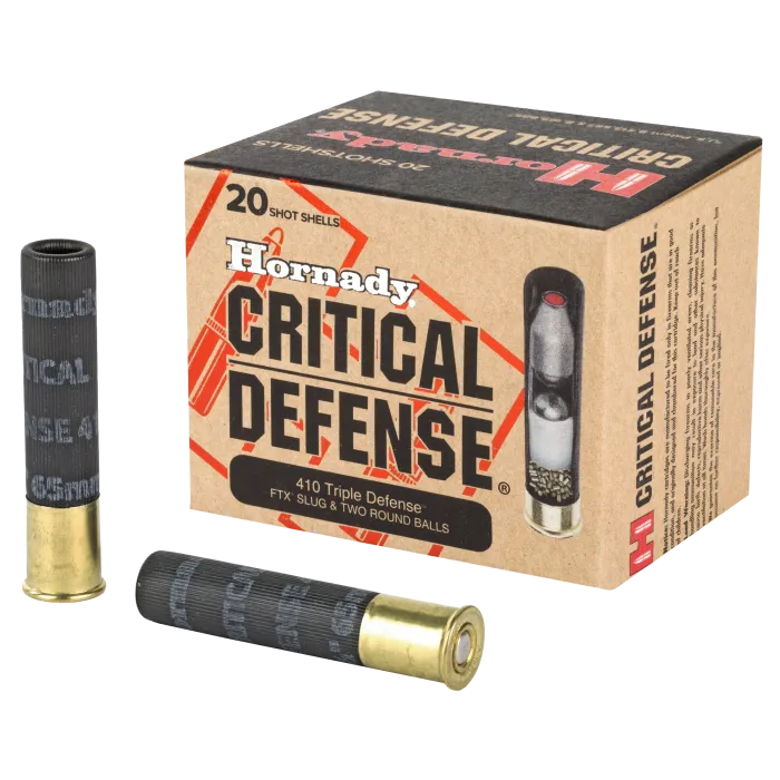 Hornady Critical Defense .410 Triple Defense box with two black hull shotshells displayed in front