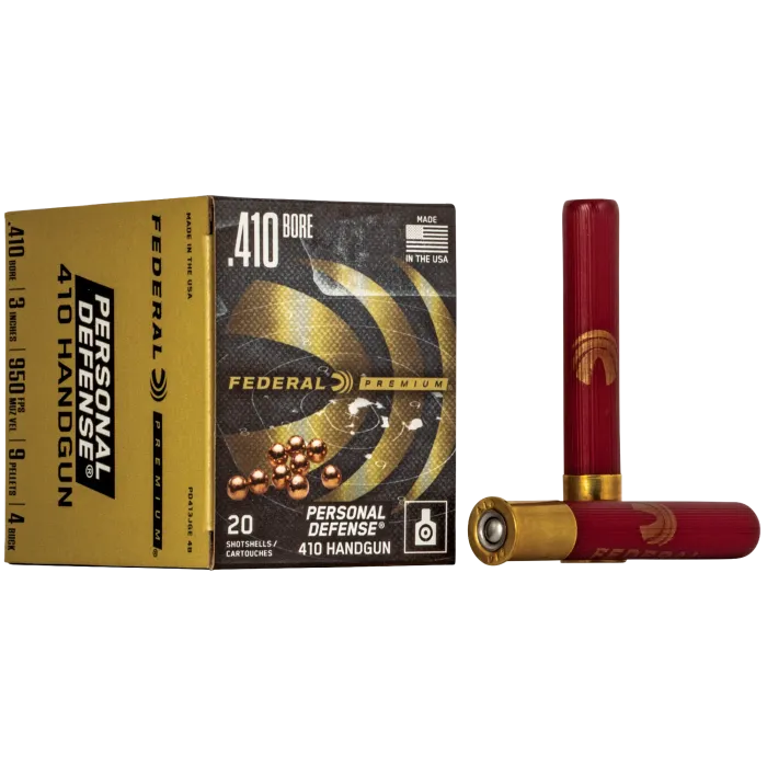 Federal Premium Personal Defense .410 Bore 3-inch buckshot 20-round box with red shotshells and buckshot pellets