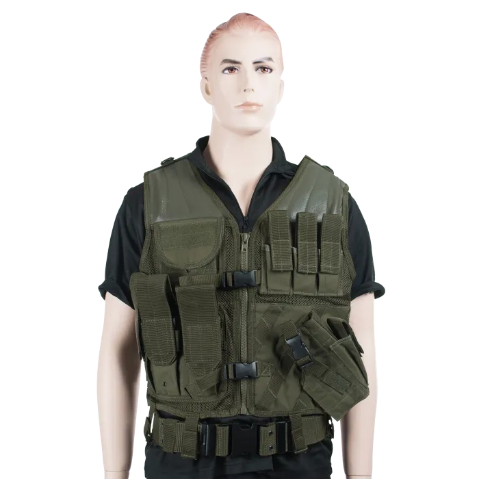 USMC Tactical Vest in olive drab green, front view with MOLLE mag pouches, pistol holster, and mesh panels