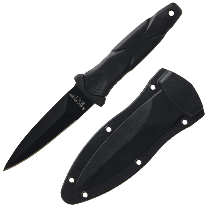 Smith & Wesson H.R.T. boot knife with black dagger blade, rubber handle and black sheath, full view