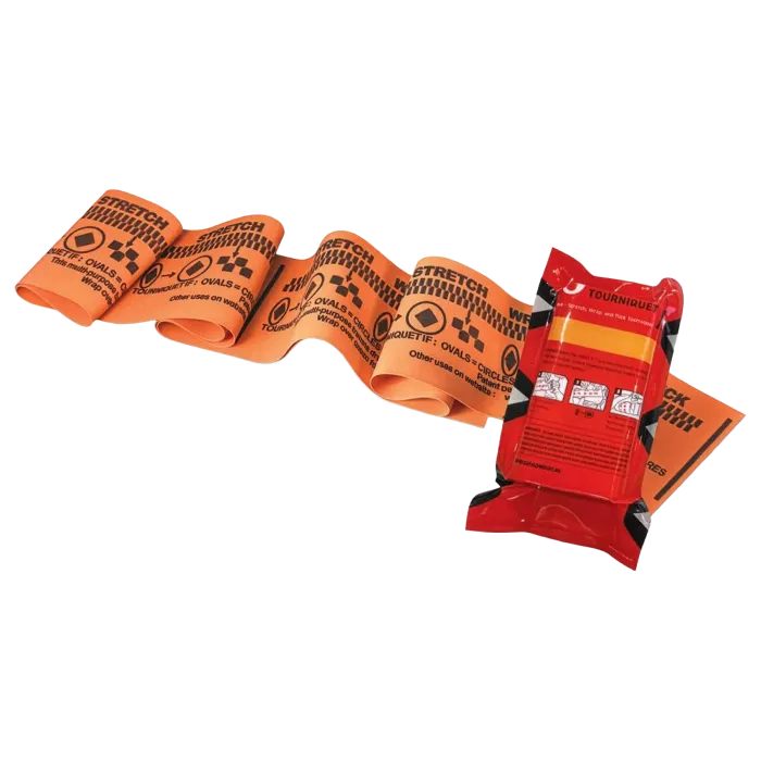 SWAT-T Tourniquet orange sealed package front showing 3-step application diagram and partially unrolled band
