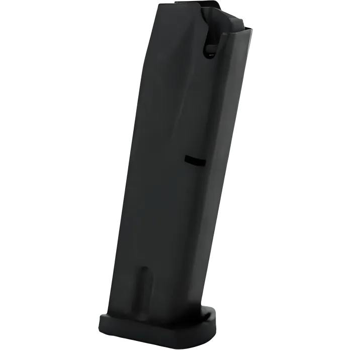Beretta 96F .40 S&W police surplus black steel magazine with polymer baseplate, angled view