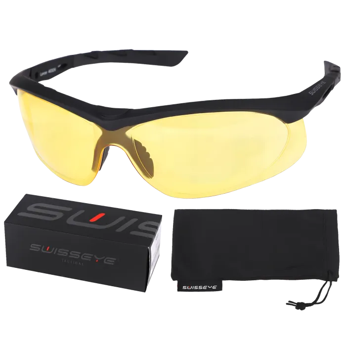 Swiss Eye Lancer sunglasses with yellow lens, black frame, hard case and microfiber pouch