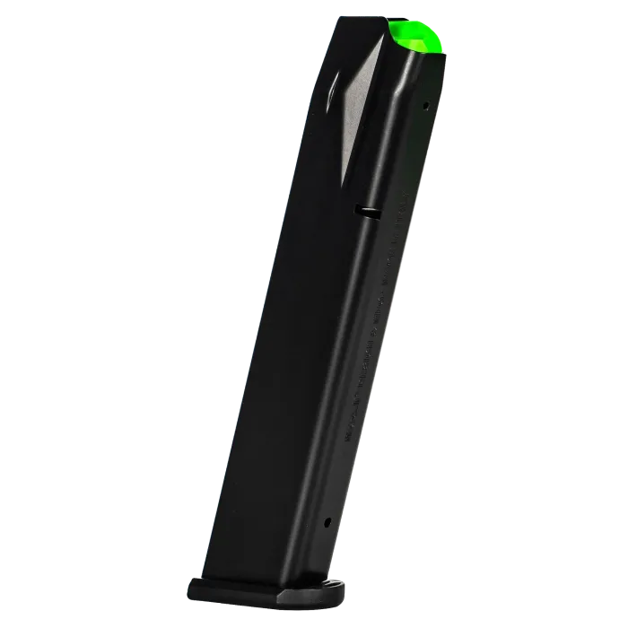 Mec-Gar Beretta 92FS 26-round magazine with black AFC anti-friction coating and green follower, front angled view