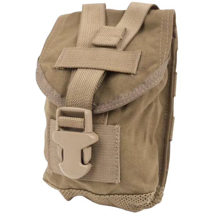 US Military MOLLE 1 quart canteen pouch coyote brown, side angle with tan quick-release buckle and closure flap strap