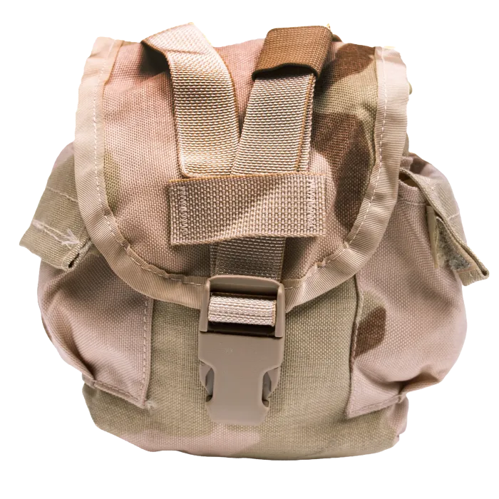 US Military MOLLE 1 quart canteen pouch in 3-color desert camo, front view with flap and metal buckle closure