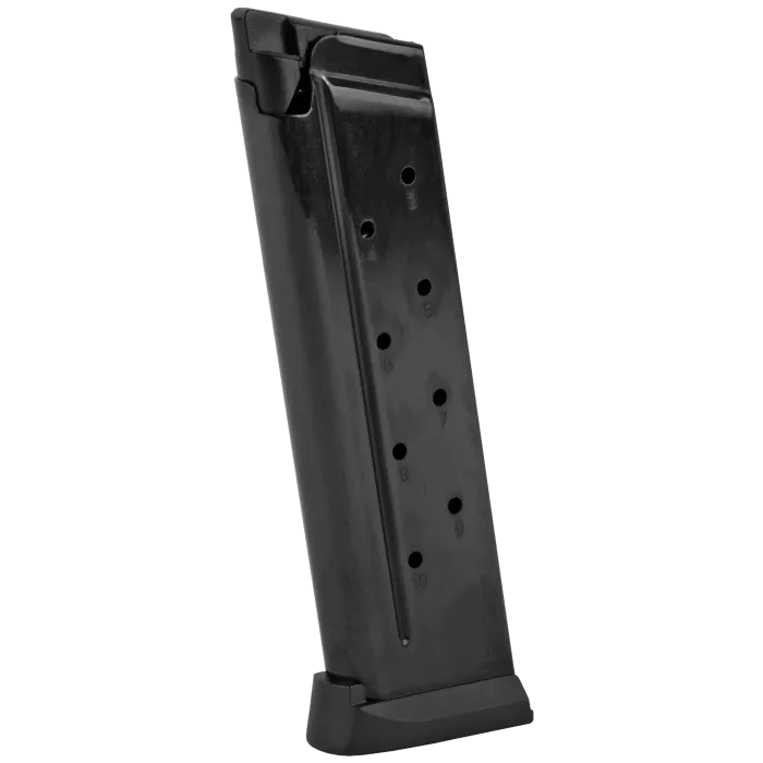 Rock Island 45201 1911 10-round 9mm Luger blued steel magazine, front angled view showing witness holes and base plate