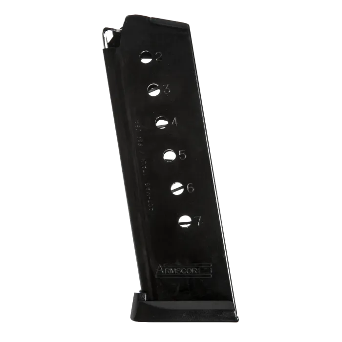 Act-Mag 1911 45ACP 7-round blued steel magazine, front angled view with numbered witness holes and Armscor branding