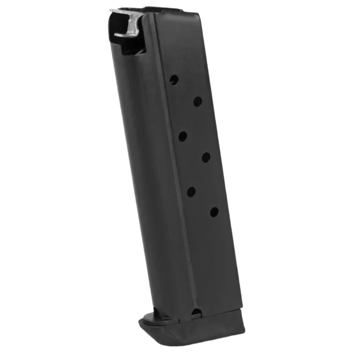 Rock Island 1911 40 S&W 8-round magazine, blued steel finish, front view with witness holes and polymer base pad