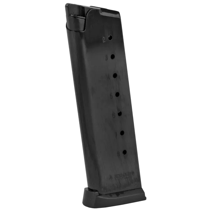 Mec-Gar Colt 1911 blued steel 8-round magazine side view showing matte finish and finger extension.