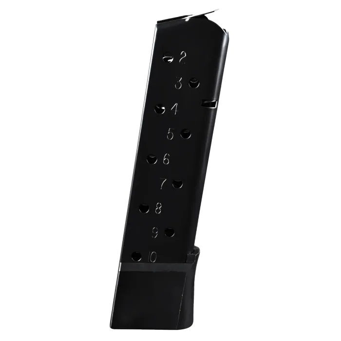 Checkmate 1911 10-round .45 ACP black magazine, angled view with numbered witness holes and base pad