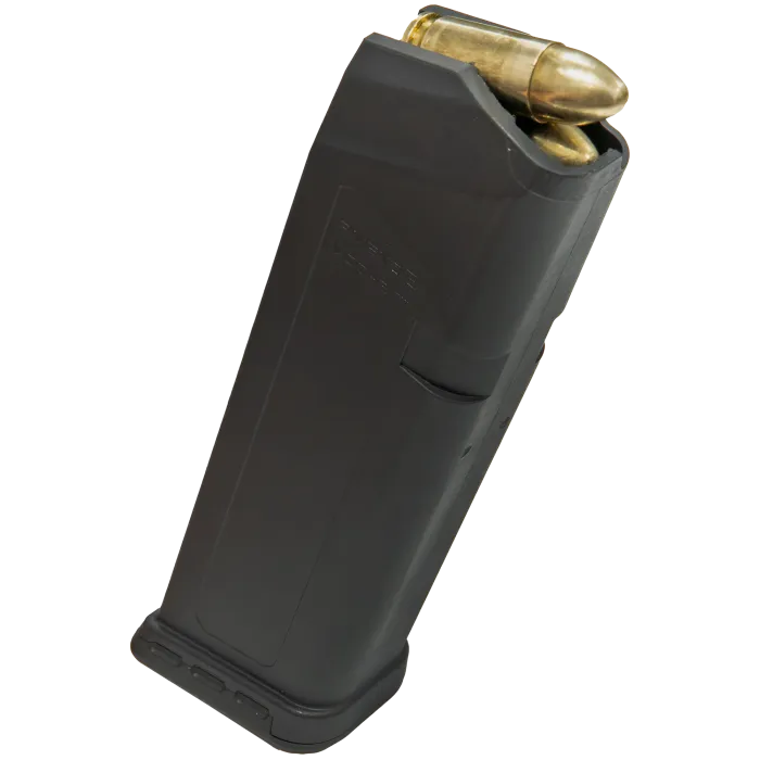 Amend2 Glock 17 17-round magazine, black polymer body loaded with 9mm rounds, ribbed base pad, front angle