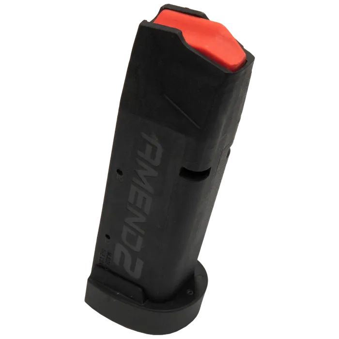Amend2 SIG P320 17 round black magazine standing, red follower and extended baseplate visible