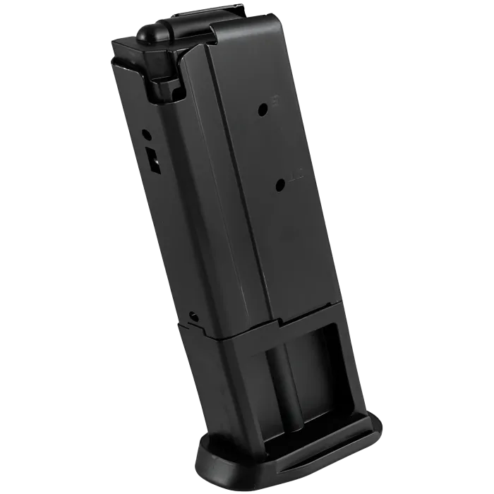 Ruger-57 10-round magazine, black steel body with witness holes, front angled view