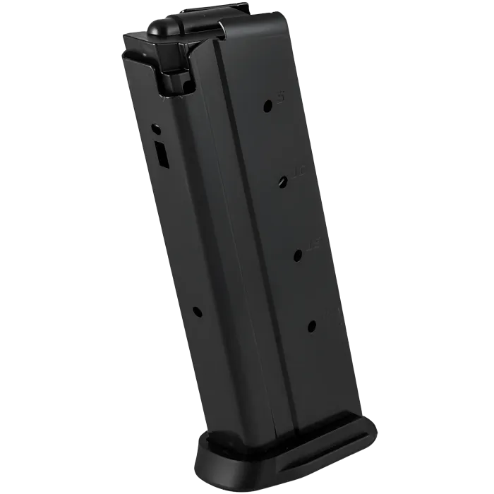Ruger-57 20-round black magazine front angled view showing witness holes and baseplate