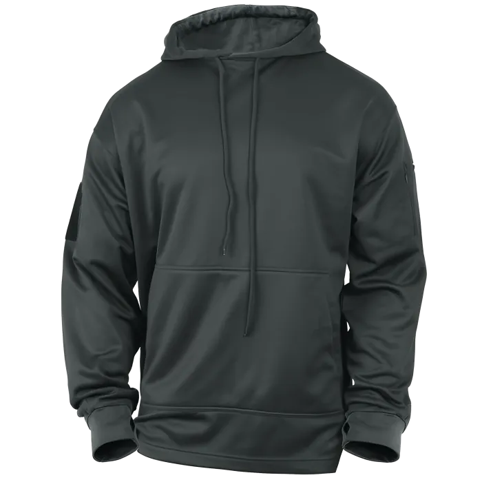 Front view of Gun Metal Gray Concealed Carry Hoodie with drawstrings and sleeve patches.