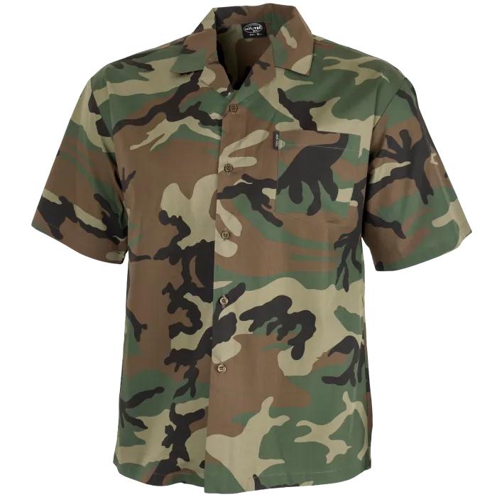 Mil-Tec Woodland Camo Button Down Shirt front view with button placket, chest pocket, and woodland camo