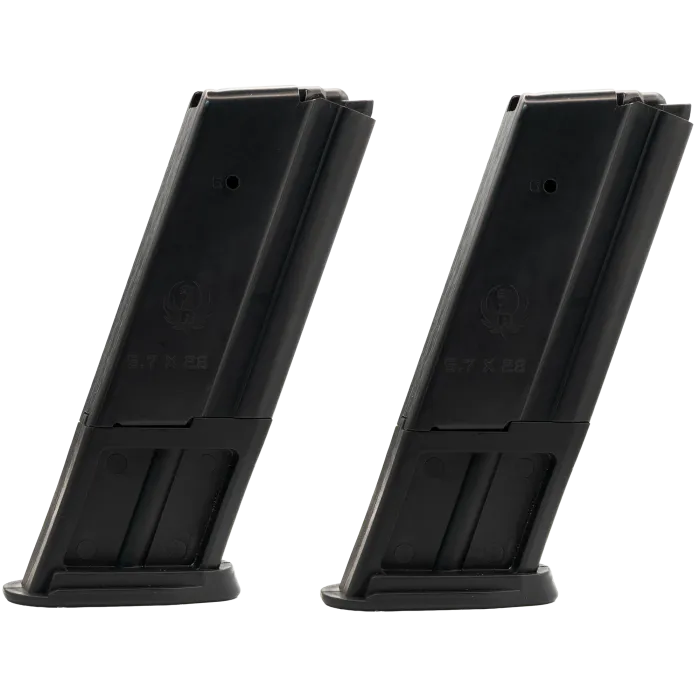 Two black Ruger-57 10-round magazines showing 5.7x28 caliber stamp and Ruger logo detail.