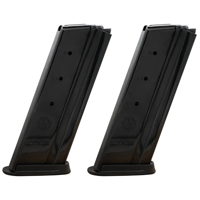 Two black Ruger-57 20-round polymer magazines with Ruger logo and 5.7x28mm marking, angled left side.