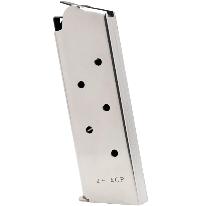 Ruger SR1911 Officer 45ACP 7-round magazine stainless steel with witness holes and caliber marking, front angle view