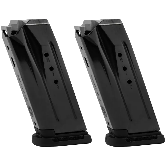 Ruger Security-9 Compact 10-round magazine 2-pack angled side view with black steel body and 9mm Luger marking.