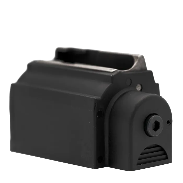 Ruger 96/44 4-round magazine angled right view black polymer body metal feed lips hex screw rear