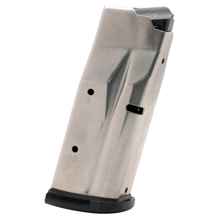 Ruger Max-9 10-round magazine stainless steel side view with 5/10 witness holes and flush base plate