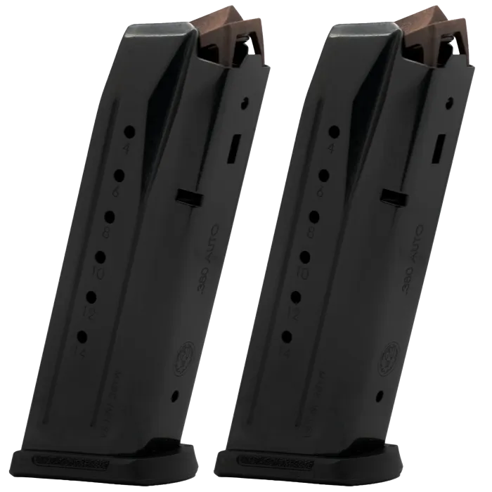 Ruger Security-380 15-round magazine 2-pack angled side view with even witness holes and .380 AUTO marking.