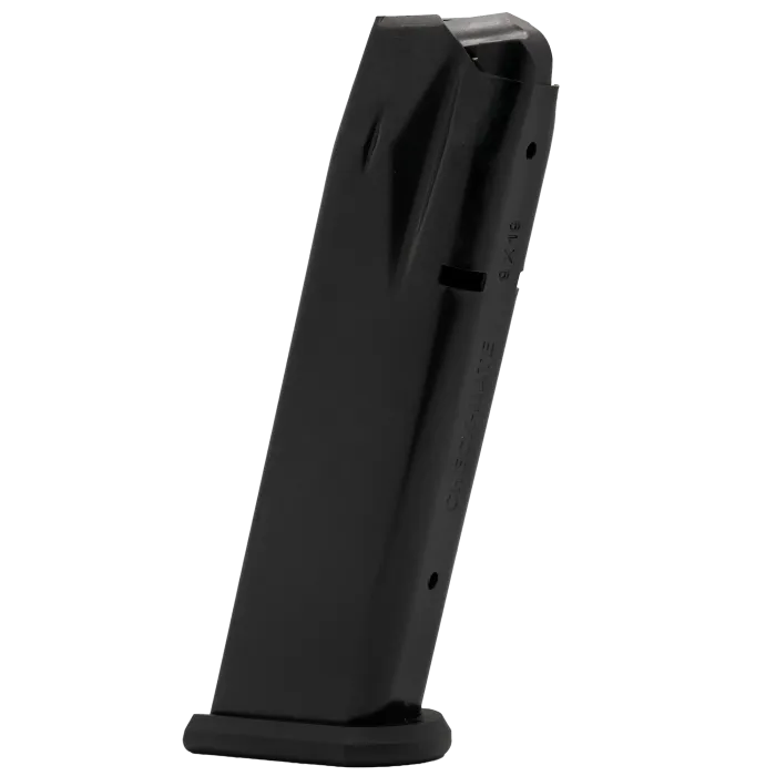 Checkmate Sig P226 18-round magazine left side view with 9x19mm caliber marking and black steel body.