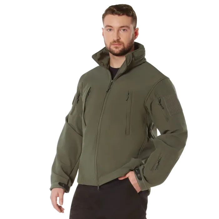 Rothco Concealed Carry Soft Shell Jacket in OD Green front quarter view with high collar, chest pockets, and sleeve patch panel.