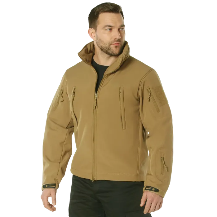 Angled front detail of Rothco Concealed Carry Soft Shell Jacket Coyote Tan showing shoulder patch panel