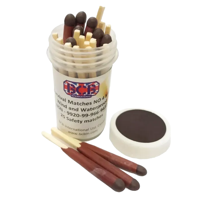 BCB Survival Matches No4 Mk3 open tube with windproof waterproof matches, white striker lid and three matches shown