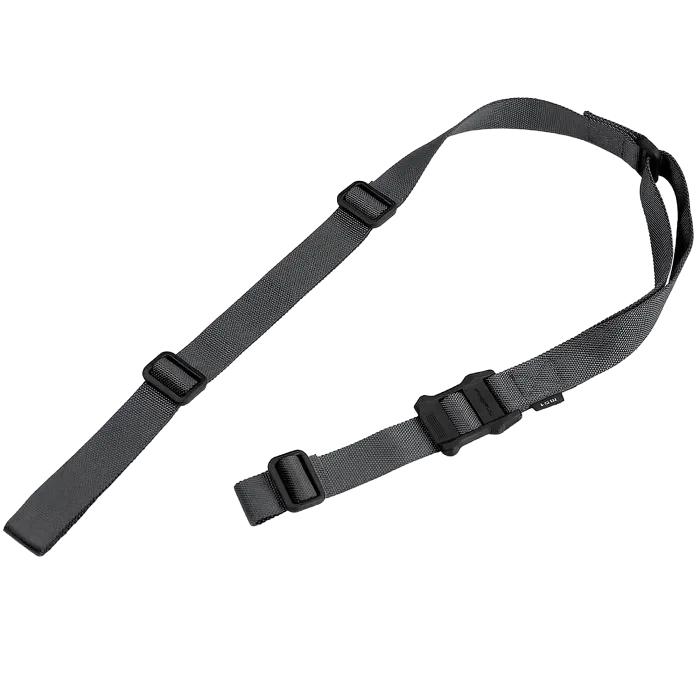 Magpul MS1 Sling gray full-length tactical two-point sling with polymer buckles on white.