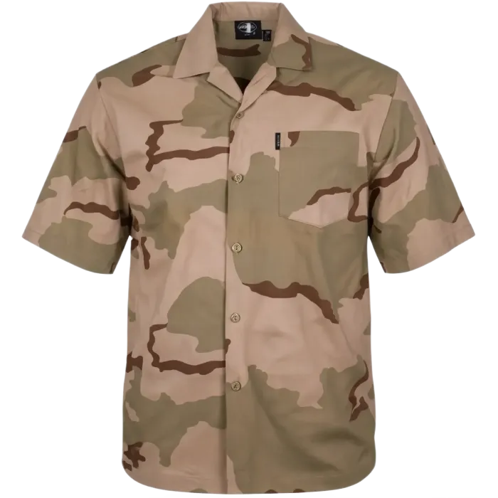 Mil-Tec Desert Camo Button Down Shirt with short sleeves, button front, and chest pocket. Straight front view.