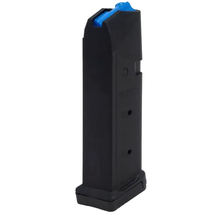 UTG GL915 15-round Glock 9mm magazine standing upright showing front right side, blue follower, and witness holes