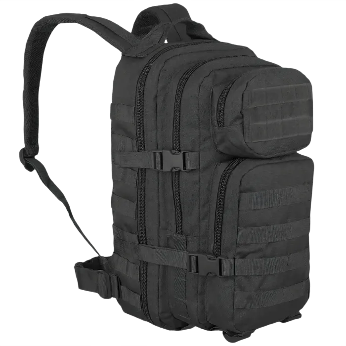 Mil-Tec 1-Day Black Assault Pack front angle view in solid black with MOLLE webbing and dual pockets.