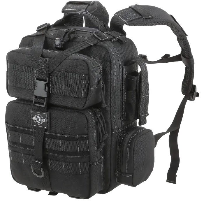 Maxpedition Typhoon Backpack black front three-quarter view showing MOLLE webbing and front pockets.