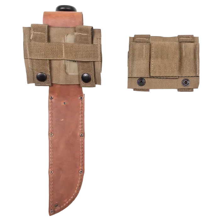 USGI MOLLE KBAR Adapter Coyote shown installed on leather KA-BAR sheath with adapter front angle
