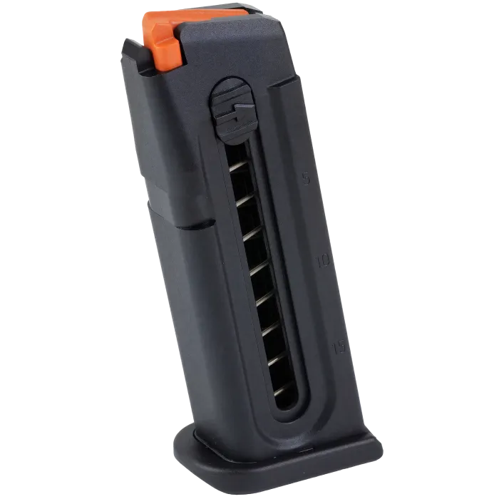 Glock 44 Magazine 15-Round black polymer body with orange follower and witness window