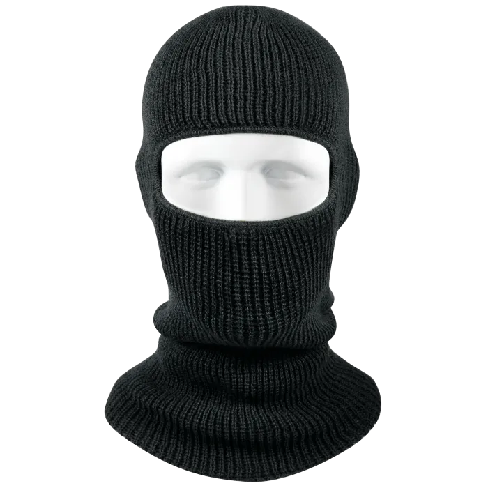 Black ribbed knit tactical one hole balaclava face mask front view.