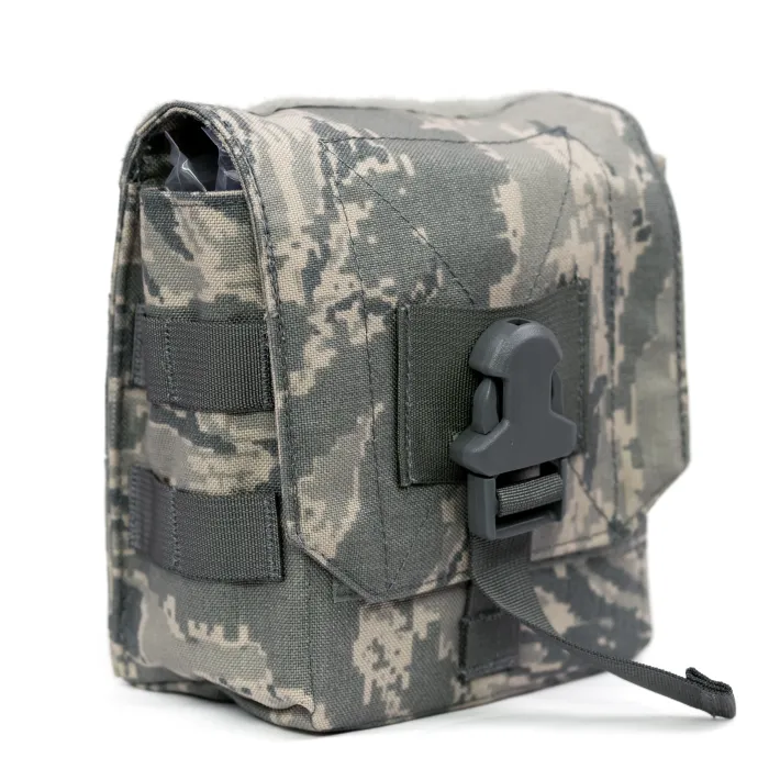 Angled front view of USAF ABU M14 mag pouch showing buckle flap, MOLLE side, and ABU camo fabric.
