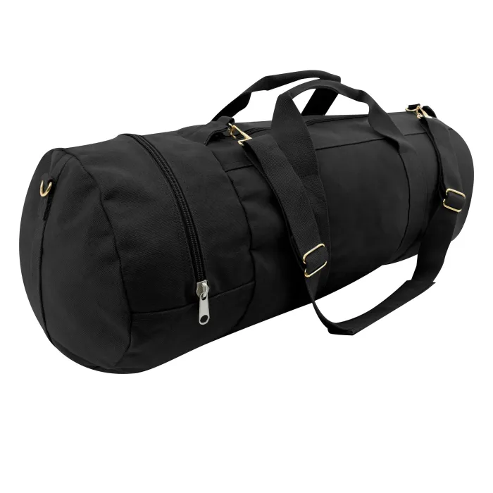 Rothco Double End Sports Bag - Black angled view with shoulder strap, brass hardware, and zippered side pocket