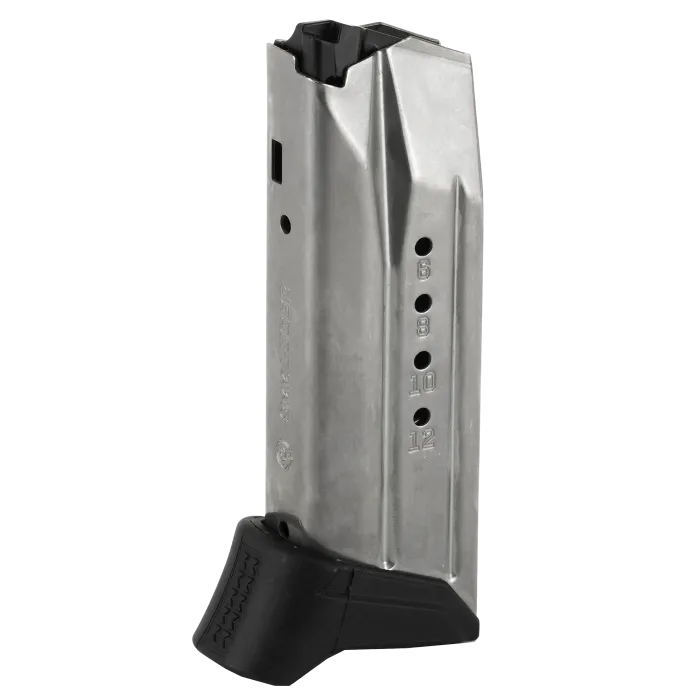 Ruger American Compact 9mm 12-round magazine stainless steel body with black finger extension base plate, right side.