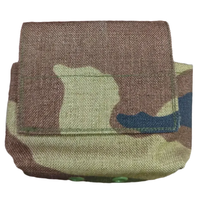 French CCE Molle Pouch Case front view with closed flap, camouflage canvas and snap closure