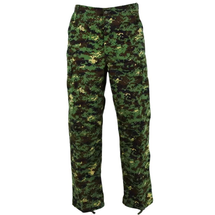 West African Guinea-Bissau Army Combat Pants in jungle digital camo, front view showing button closure, belt loops, and cargo pockets.