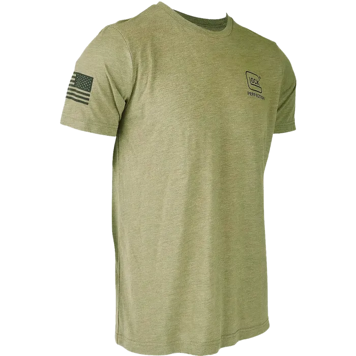 Glock 2nd Amendment Tee in olive drab heather with front Perfection logo and subdued American flag on right sleeve.