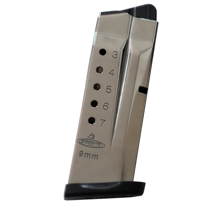 Checkmate S&W Shield 7-round 9mm magazine, stainless body, numbered witness holes 3-7, black floorplate, angled view